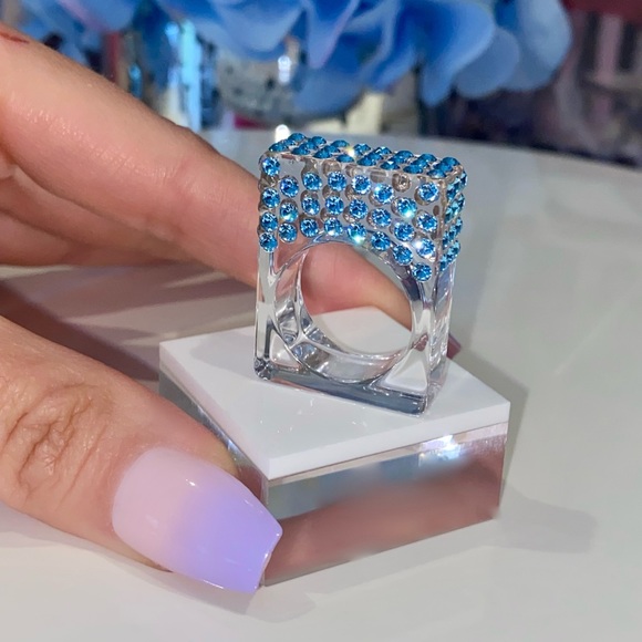 Acrylic Ring • Geometric Ring • Blue Swarovski Crystals • One Of A Kind Ring - Picture 10 of 13